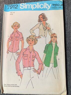 Simplicity Misses Shirt Sewing Pattern Size 10 7912 Uncut 1970s